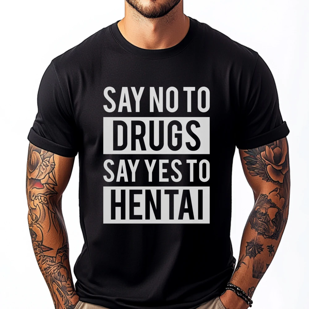 

Hentai Anime No To Drugs Yes To Hentai Green And White Graphic T Shirt Clothes Vintage Style Harajuku Clothing
