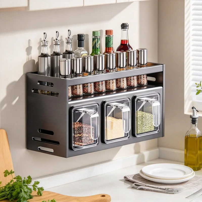 Wall Mount Hanging Spice Rack for Kitchen, Over Stove Seasoning Storage Shelf Organizer for Salt Sugar Pepper
