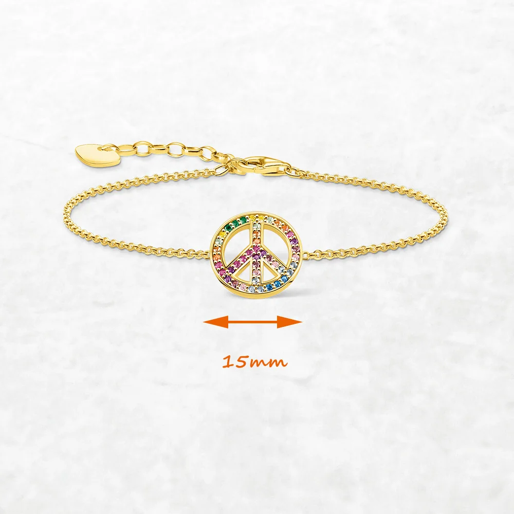 Colorful Gold Plated Peace Sign Chain Bracelet For Women Fine Jewelry Party Pure 925 Sterling Silver Trendy Gifts
