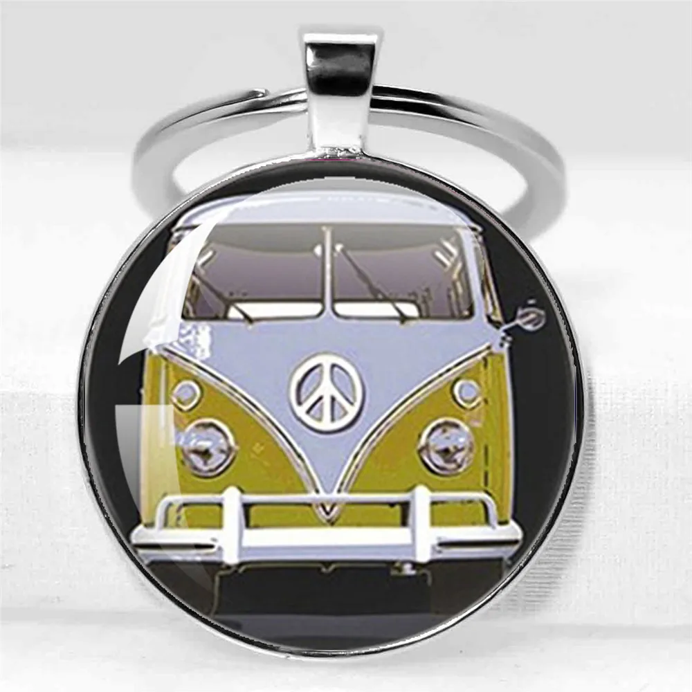 25MM/30MM Hippie Bus Peace Sign Jewelry Vintage Blue Hippy Bus Photo Pendant Blue Hippy Van Bus Photo  Purse Bag Car Keychain