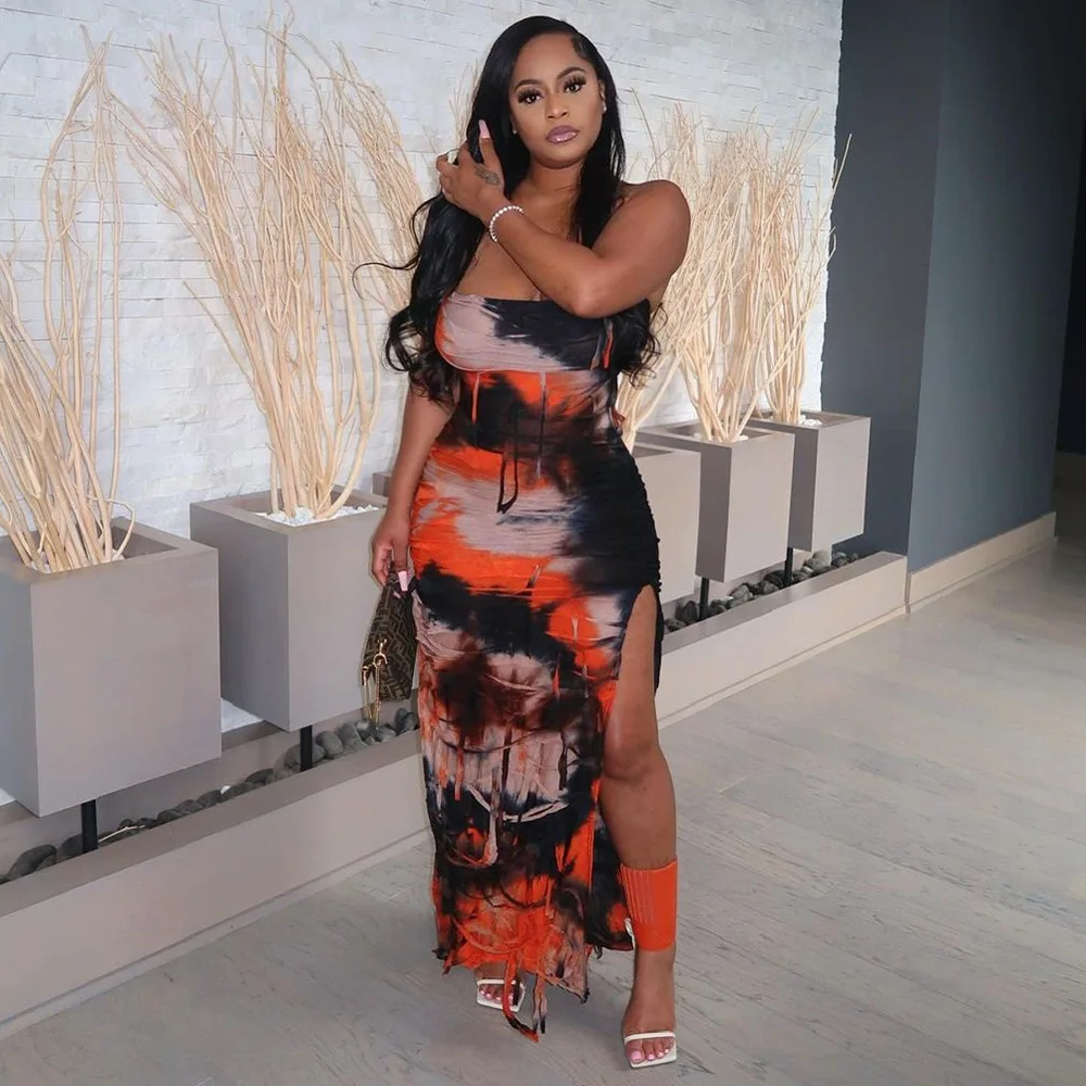 Irmã estrela moda feminina sem mangas sem costas divisão tie-dye mendigo mendigo sedoso drape personalizado vestidos estilo rua