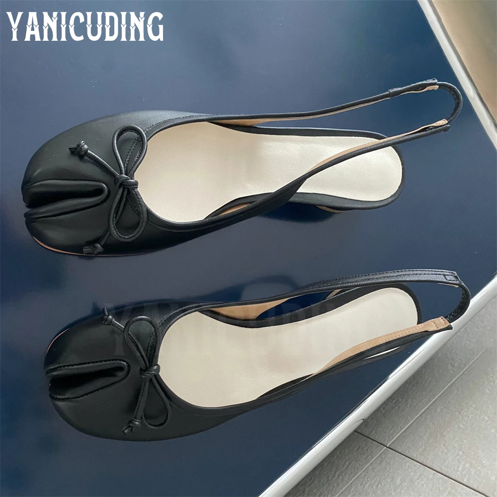 Tabi Slingback Pumps for Women Cylindrical Heel Split Toe Ballet Flats Sweet Style Bow-Knot Low Heel Comfortable Leather Shoes