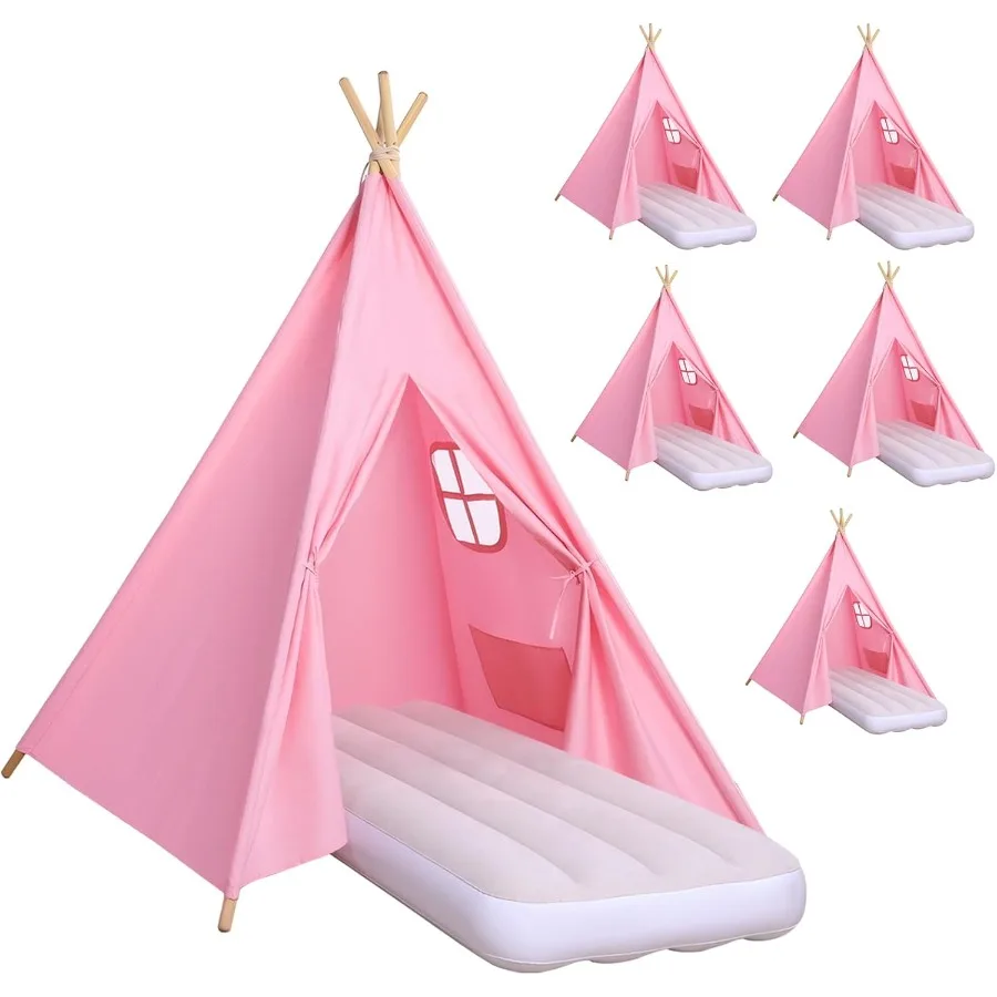 Tiendas de campaña para fiesta infantil, paquete de 6 casitas de juegos Tipi para niños con luces, bandera y colchón de aire inflable, plegable para interiores/exteriores, Slu