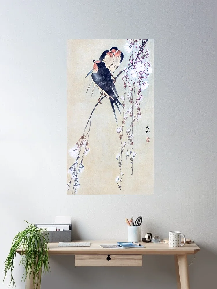 TWO BARN SWALLOW BIRDS ON BLOSSOMING CHERRY TREE by Ohara Koson Photo, Art Print Canvas Poster, Living Room Decor, Home Wall
