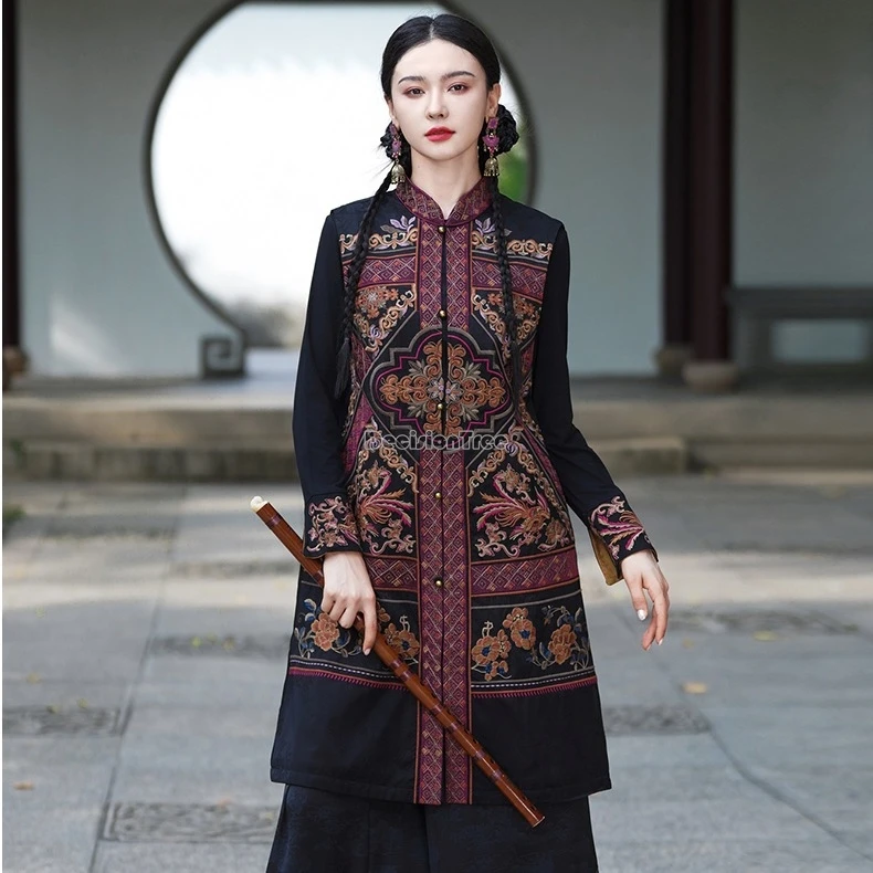 2024 chinese ethnic style autumn-winter embroidery vintage mid-length clip women sleeveless stand-up collar elegant vest t001