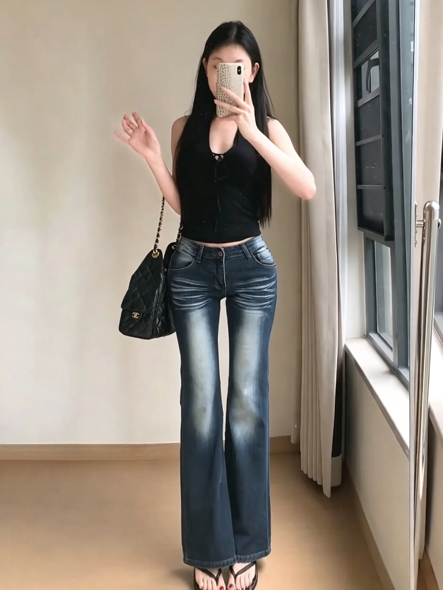 American Retro Low Waist Flared Denim Jeans Women's Washed Texture Plump Hip Slimming Butt Enhancing Casual Floor-Length Pants