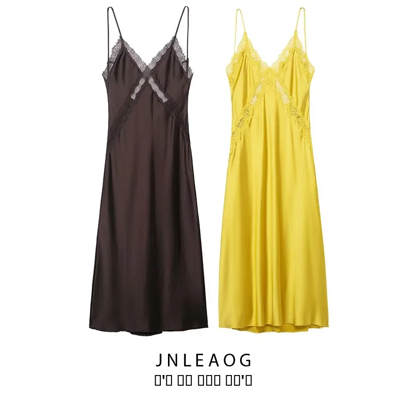 JNLEAOG ชุดเดรสผ้าซาตินเนื้อผ้าไหมผสมลูกไม้สำหรับผู้หญิง คอลเลคชั่นฤดูใบไม้ร่วง เอวสูง ผ้าโพลีเอสเตอร์ ไม่มีซับใน สไตล์ลำลอง