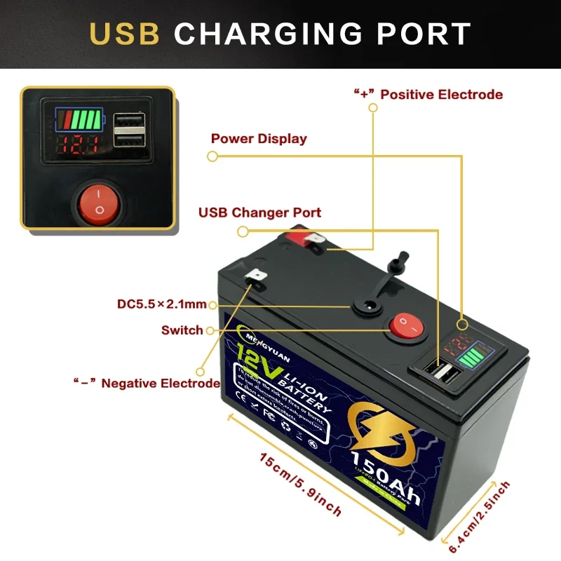 MENGYUAN 12V 150Ah Lithium 18650 Deep Cycle Rechargeable Battery | 3000-7000 Life Cycles & 10-Year lifetime | Built-in BMS