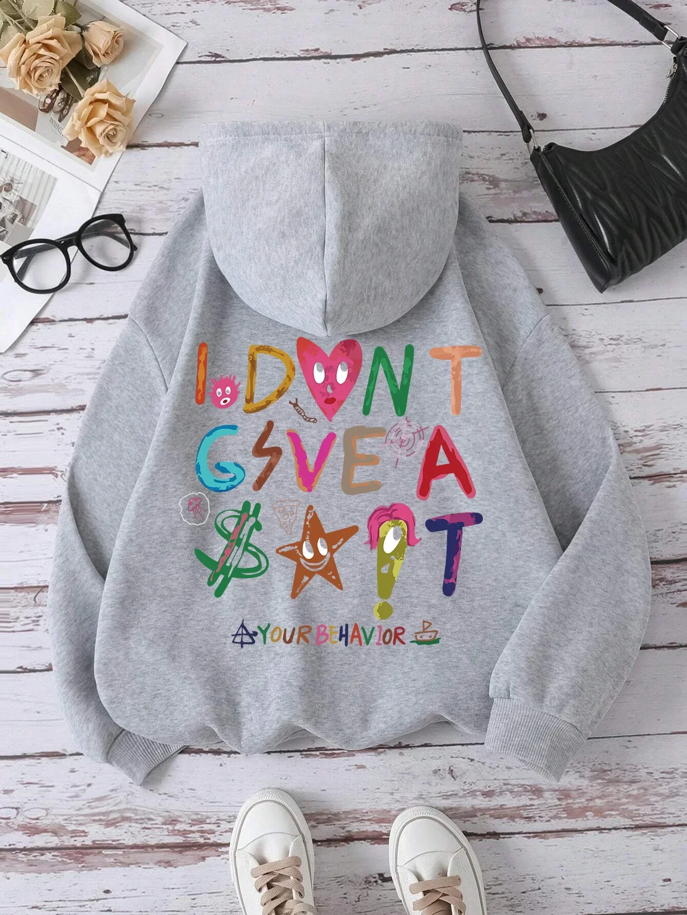 Women\'s Korean Fleece Sweatshirt, Crewneck Hoodie, Oversized Street Clothes, I don\'t Gsvea Sait Your Be Happy Letter