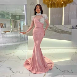 Elegant Pink Mermaid Women's Evening Dresses Customized High Neck Prom Gowns Long Sleeve Beaded Formal Party Vestido De Noche