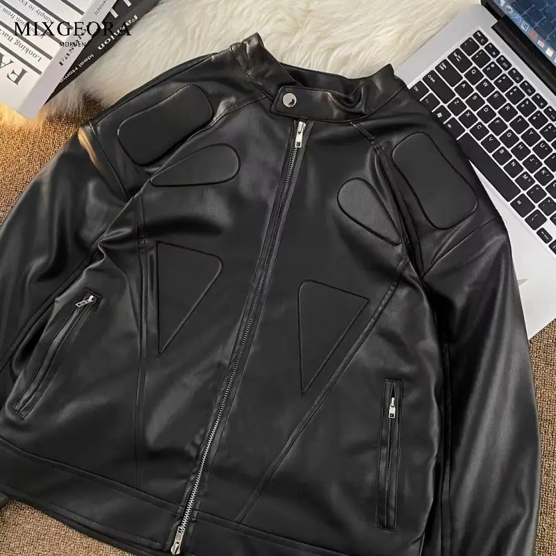 Jaqueta Bomber de couro PU preta motocicleta masculina, casaco masculino, Seção, Ombro, Retro, Coreano, Moda