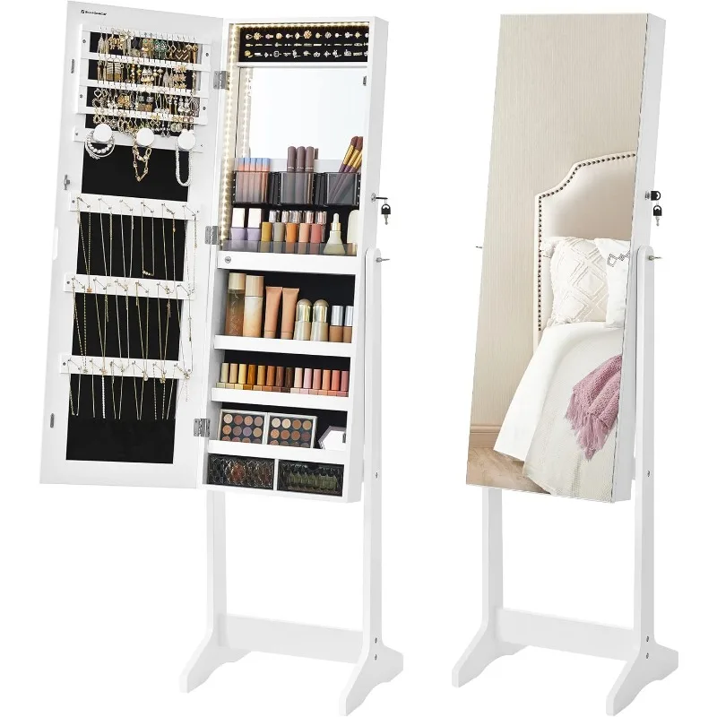 

Mirror Jewelry Cabinet Standing Armoire Organizer, Full-Length Frameless LED Lights, Built-in Makeup Mirror, 2 Drawers, Lockable