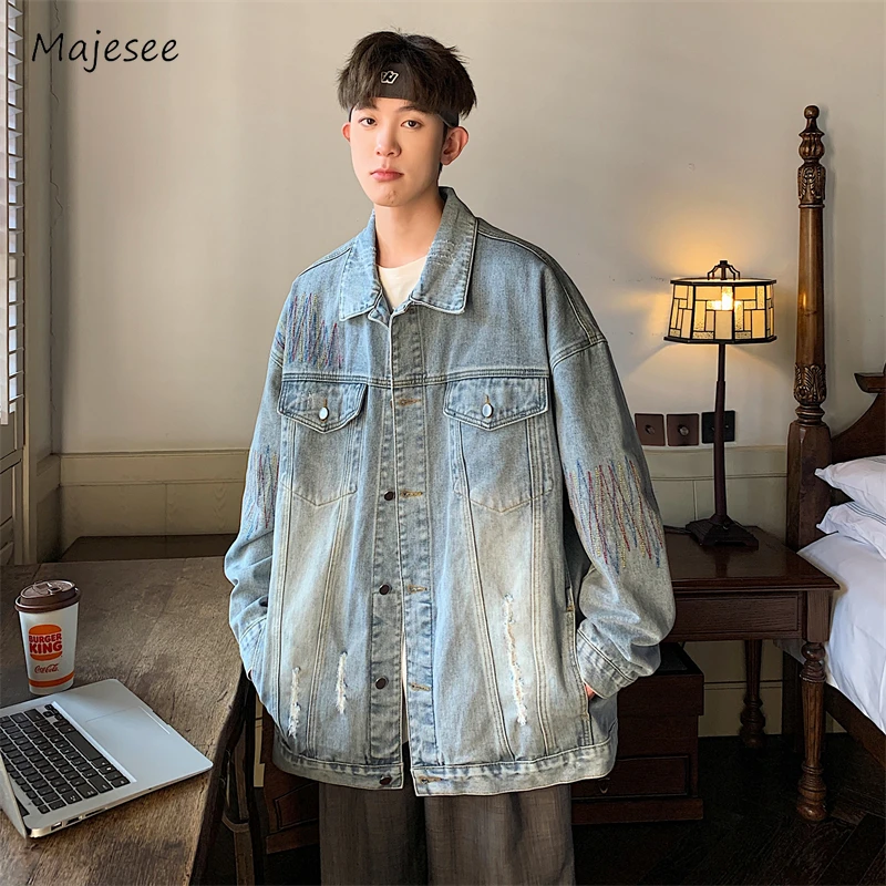 Denim Jackets Men American Style Vibe High Street Autumn Chic Vintage Handsome Advanced All-match Males Overcoats Teenagers New