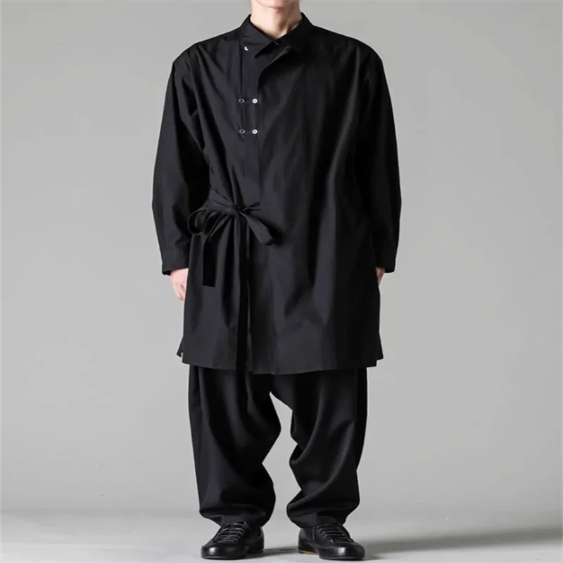 Black multi-layer deconstruction design in the long shirt retro loose men's gown outside 【Custom size men's wear】