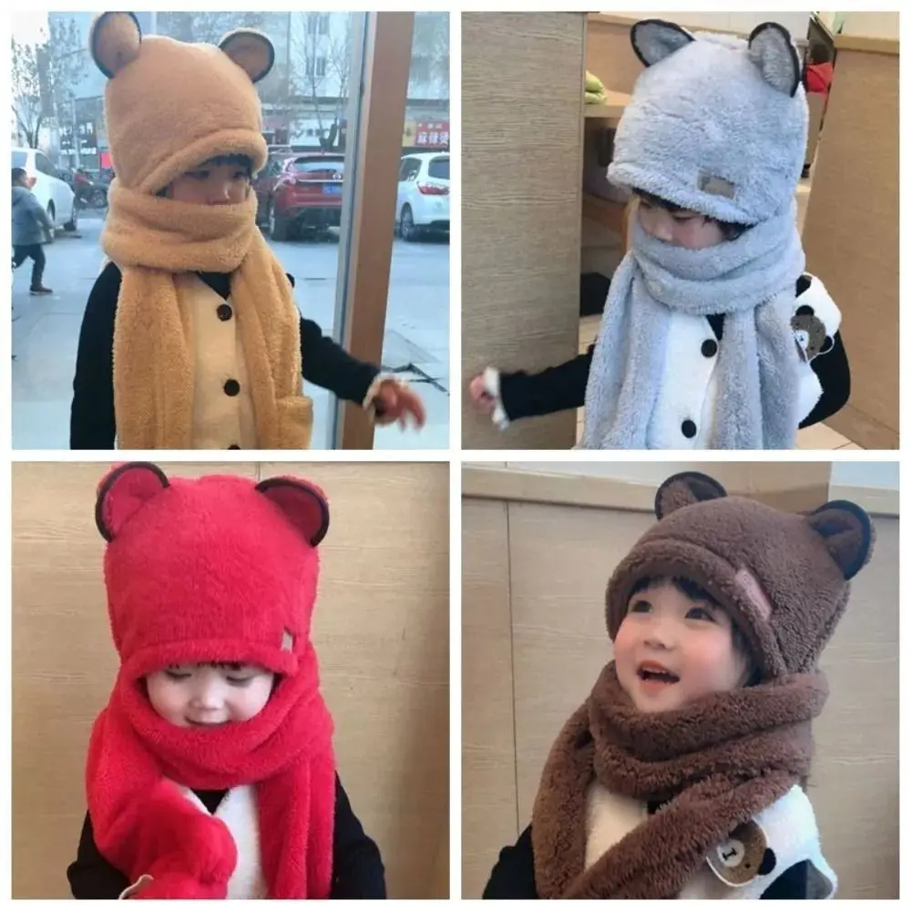 

Повседневная милая шапка с медвежьими ушками, шарф, перчатки, комплект, ветрозащитные утолщенные детские шапочки, шапки, зимняя теплая плюшевая шапка для защиты ушей