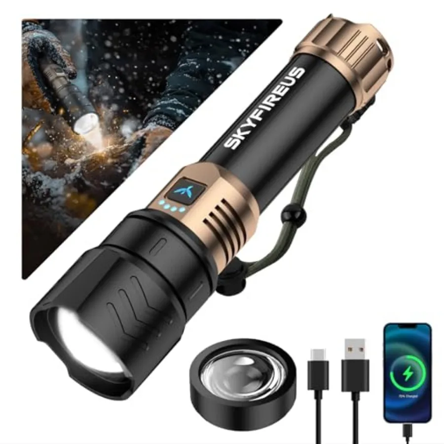 LED Flashlights High Lumens with Ignition Lens, 3000lm Super Bright Rechargeable Flashlight, Zoomable, 4 Modes, Waterproof Tact
