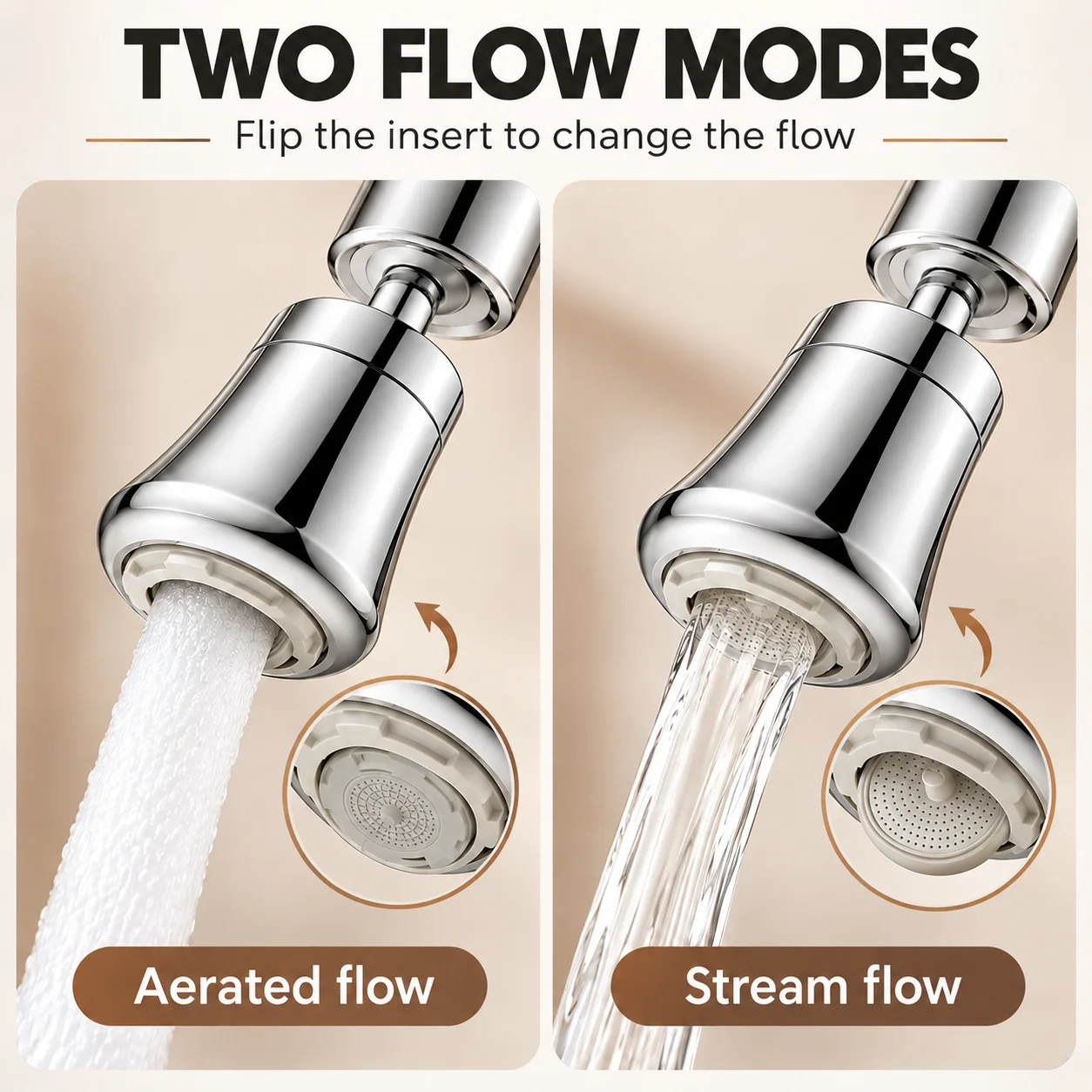 360° Swivel Faucet Aerator, 2 Flow Modes, Removable Flip Insert, Kitchen Sink Tap Attachment, Chrome or Gun Gray