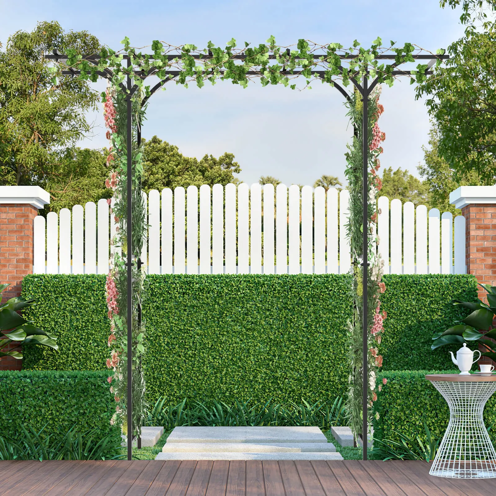 

6.8 FT Flat Top Garden Arch w/ Trellises & Extended Roof for Climbing Plants