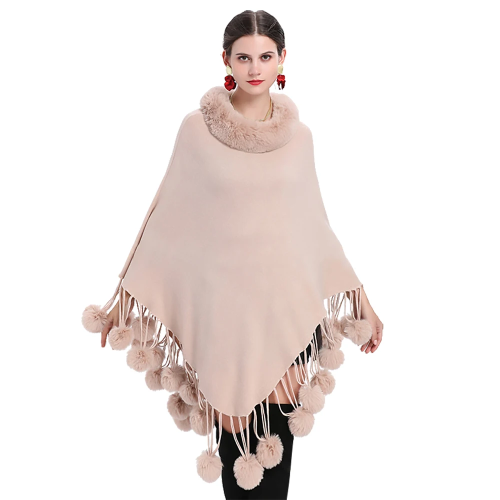 Women Cashmere Feel Poncho Lady Rex Rabbit Faux Fur Collar Pullover Coat Autumn Warm Cloak with Rabbit Hair Ball Knitted Shawl