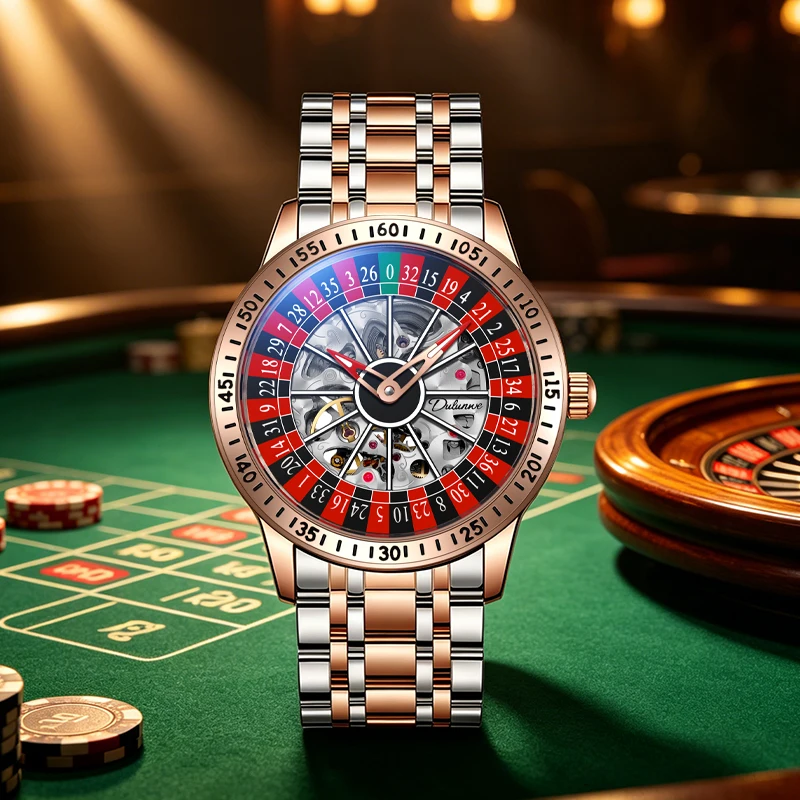 

Mens Gambling Automatic Mechanical Skeleton Hollow Waterproof Luminous Watch Band Self Winding Roulette Wheel Casual Wristwatch