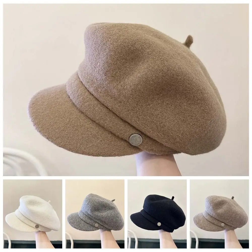 بلون الصوف قبعة قبعة قبة محبوك مثمنة Brimless قبعة كبيرة محيط الرأس النمط البريطاني الإناث الرسام قبعة العمل #6