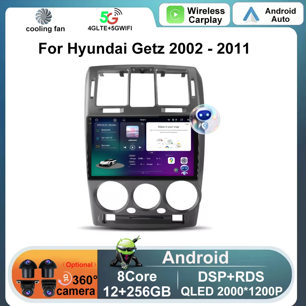 9 "dla Hyundai Getz 2002-2011 bezprzewodowy CarPlay Android Auto wentylator chłodzący radio samochodowe 4G samochodowe multimedia GPS autoradio WIFI BT DSP