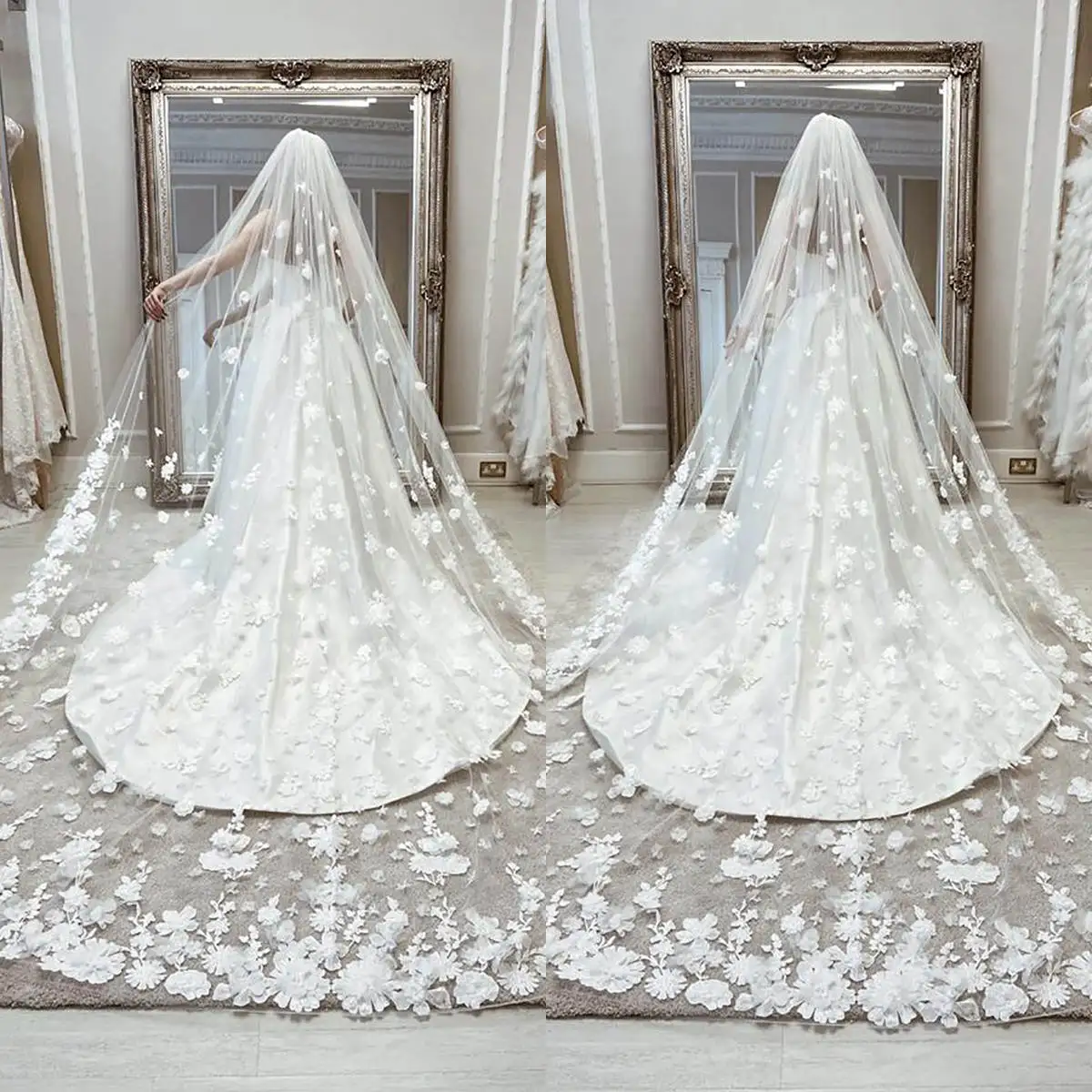 Voile de Mariage pour Patients de 300cm de Long, 1 Niveau, avec Peigne, Blanc Ivoire, Applique en Dentelle Festonnée, Accessoires de Mariée