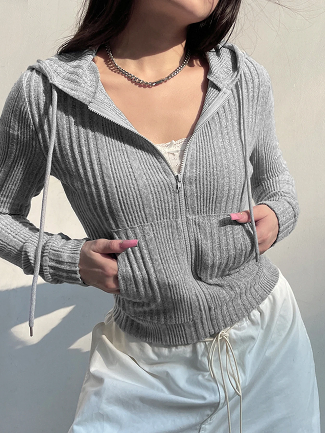 Gray Zip Up Knitted Hooded Jackets Women Pockets Details Solid Simple Basic Minimalist Slim Long Sleeve Hoodies Knitwear