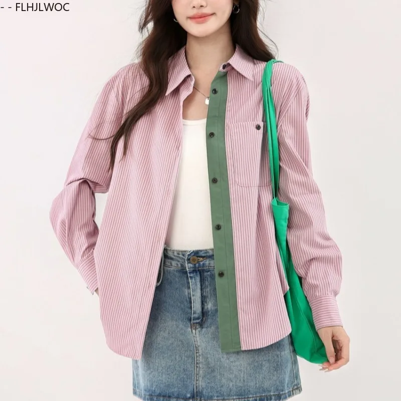 

Patchwork Pink Stripe Shirts Chic Korea Top 2025 FLHJLWOC Autumn Long Sleeve Casual Office Lady Basic Retro Vintage Button Shirt