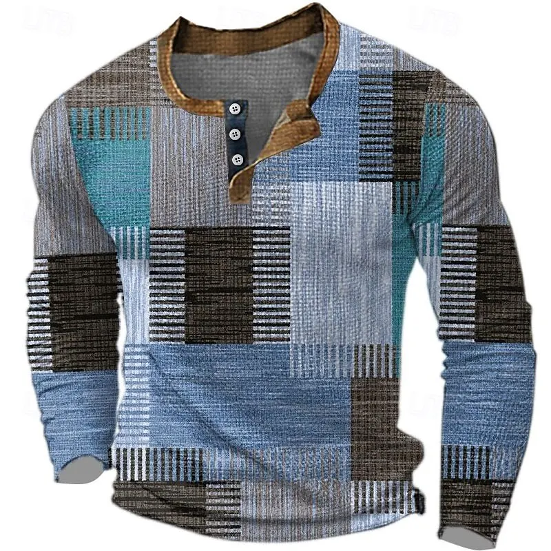

Color Plaid Graphic Men's Henley T-Shirts 3D Print Creative Design Long Sleeve Henry Shirt Loose Breathable Quick Drying Clothes