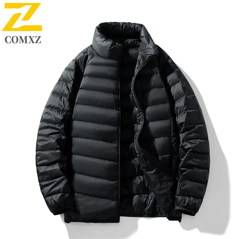 

COMXZ Winter Stand Collar Down Jacket Men Korean Style Solid Color Thin Warm White Duck Coat Lightweight Comfort Office WorkWear