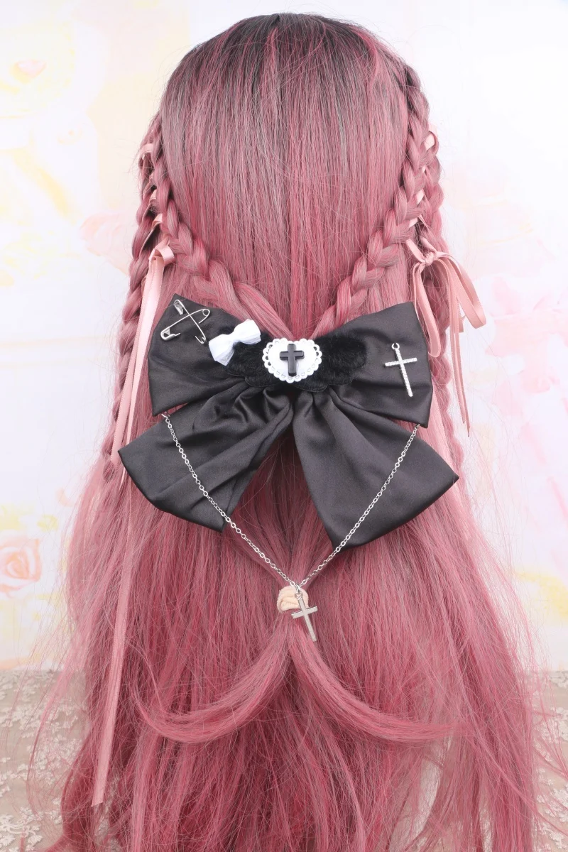 Big Bow Hairpin with Cross Black Sweet Punk Y2K Hair Clip Handmade Bow Lolita Gothic Style Rhinestone with Cool Chain