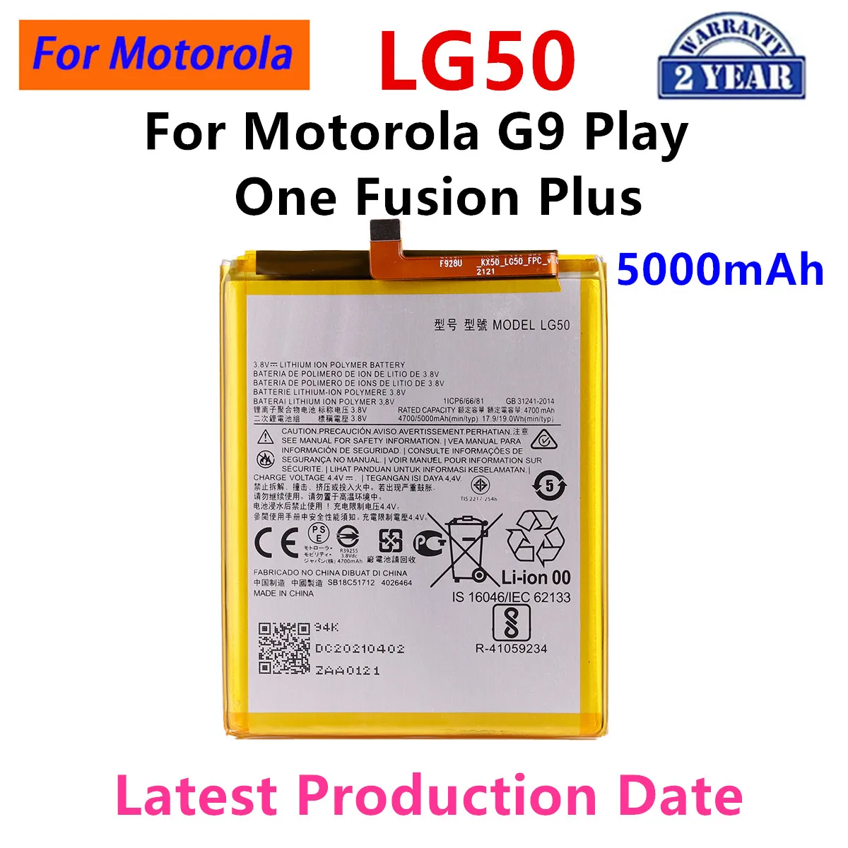 

Brand New LG50 5000mAh Battery For Motorola Moto G9 Play / One Fusion Plus OneFusion+ XT2067 phone Batteries