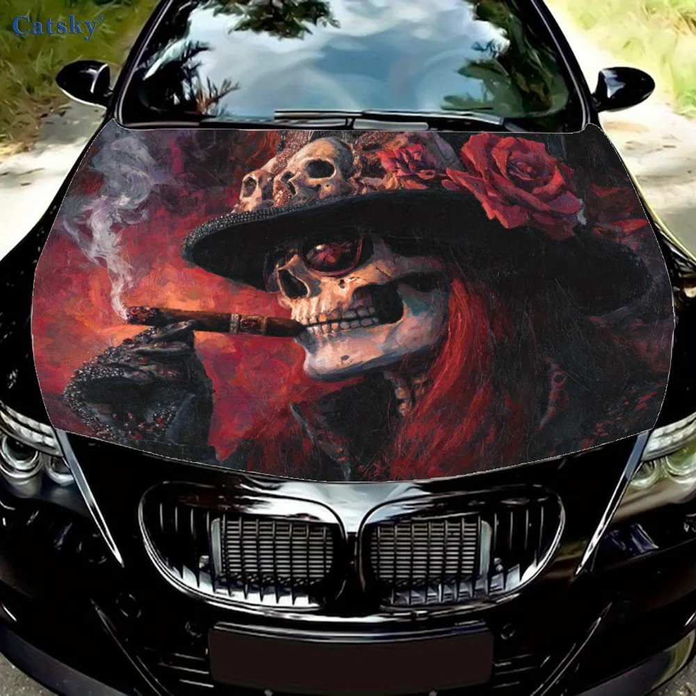 

Red Rose Hat Skull Car Engine Cover Protective Film, Durable Printed Vinyl Packaging Stickers, Personalized DIY Waterproof Car F