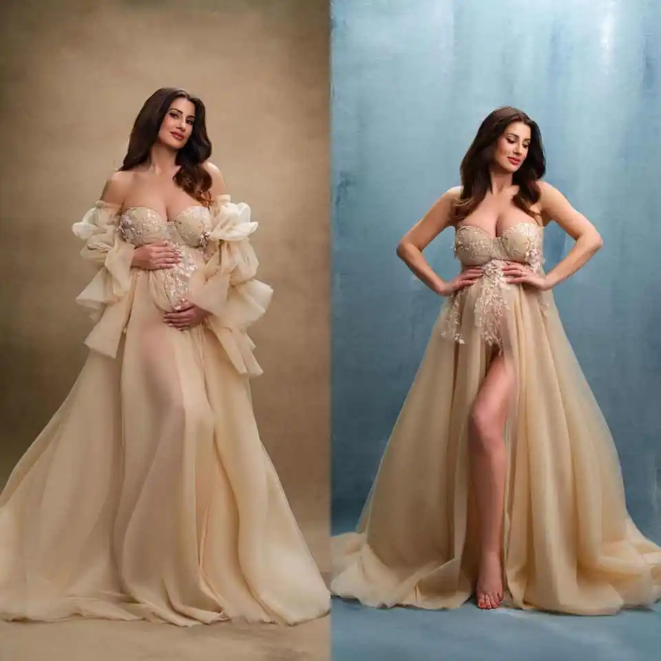 

Elegant Long Sleeves Sleepwear V Neck Chic Wedding Robe Nightgown Soft Ruffles Tulle Sweep Train Wedding Pajama Fast Shipping