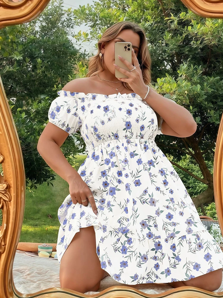 فستان نسائي مطبوع عليه زهور، ملابس للإجازات، فستان صيفي أنيق مرن مكشوف الكتفين، مقاس كبير، فساتين مثيرة لطيفة وقصيرة #4