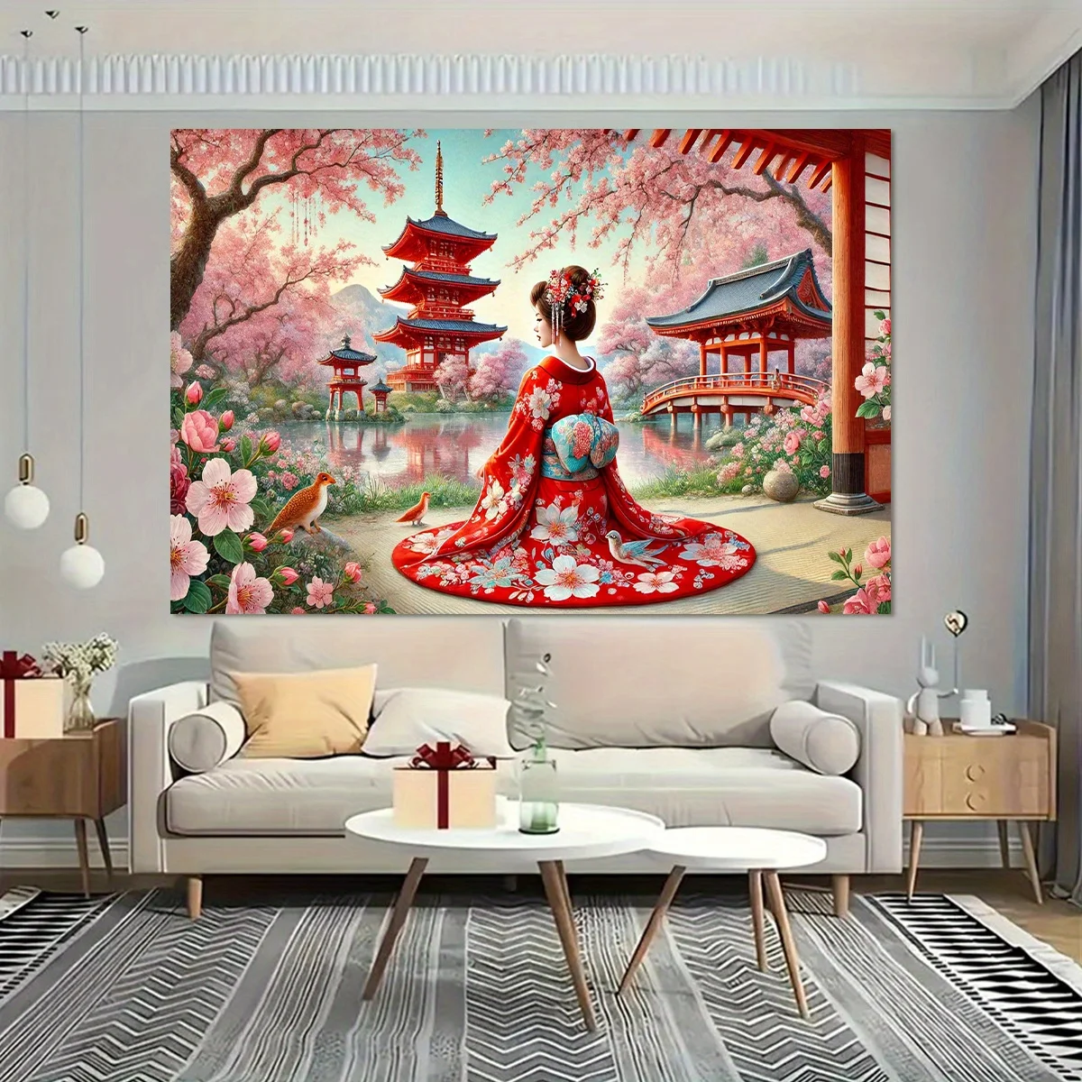 

Гобелен VIKAMA Oriental Element, легко чистится, Красная башня, цветение вишни, птица, вход, учебный гобелен