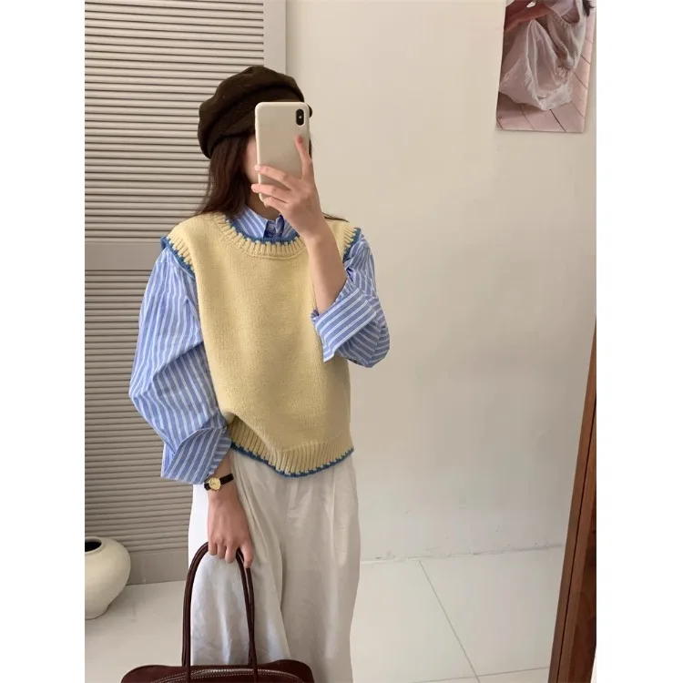 

Korean Style Color Block Knitted Vest Women's Loose Sleeveless Top Layering Fashion Autumn Winter round Neck Pullover Sweater