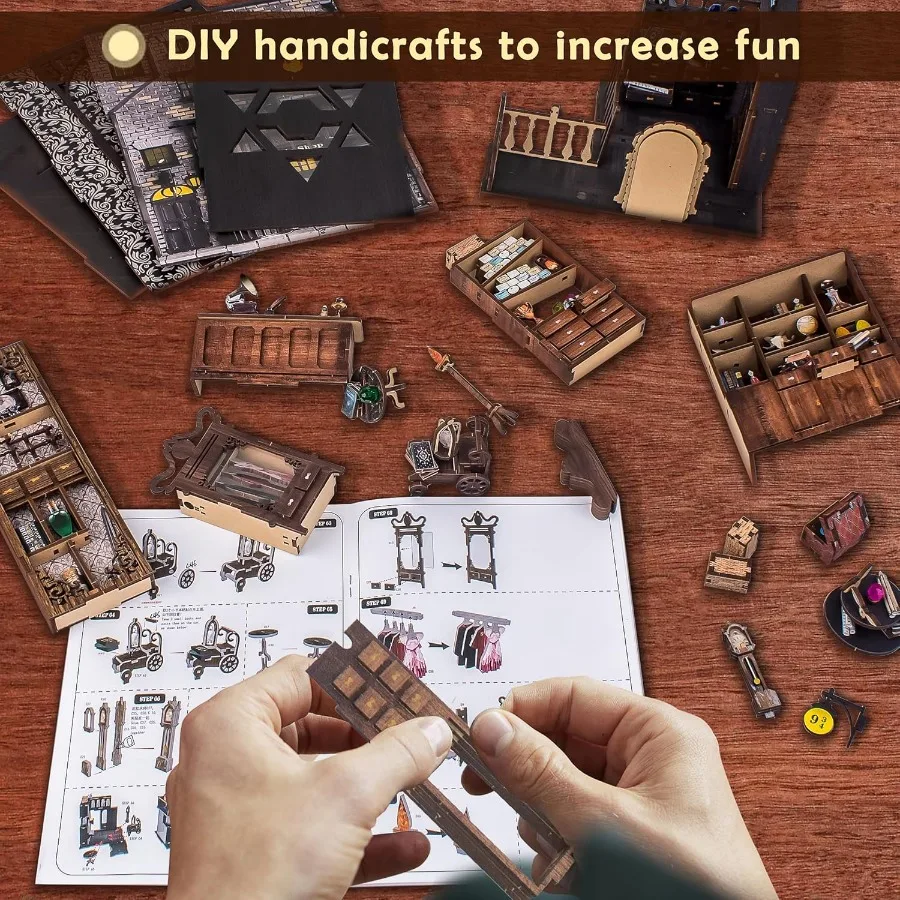 مجموعة أدوات ألغاز خشبية ثلاثية الأبعاد يمكنك صنعها بنفسك، رف كتب مصغر لديكور المنزل، مثالية لموضوعات الهالوين وعيد الميلاد الإبداعية #6