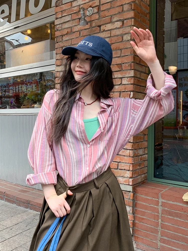 

Retro Hong Kong Sle Striped Long Sve Women's irt Spring New Design Loose Top Comfortable Breathable Casual Faion