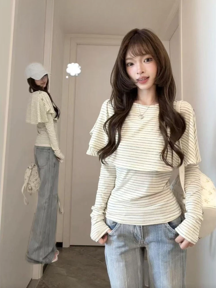 Women Unique Delicate Cloak Striped Long Sleeve T‑shirt Korean Chic Style Autumn New Daily Casual Loose Fit Top Shirt Clothing