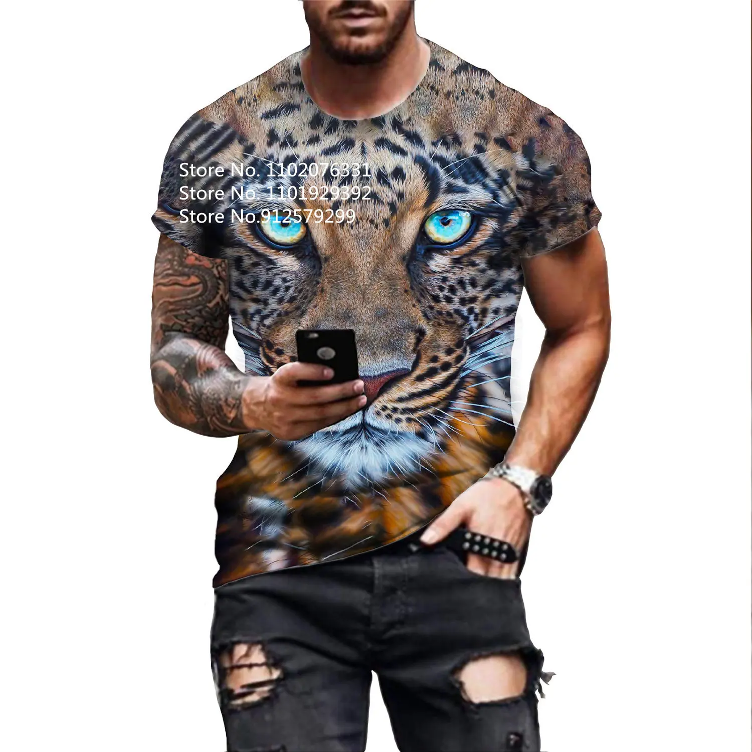 2023 Fashion Men's Shirt Ferocious Tiger Print T-shirt Animal Lion Short-sleeved Top Casual O-neck Tee