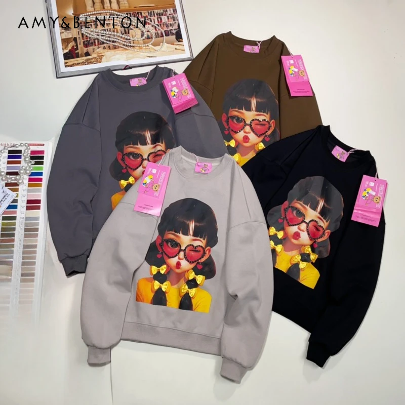 

Autumn Retro Fashion Hoodies Design Sense Girl Diamonds Printing Three-dimensional Bow Casual Sweatshirts Long Sleeves Sudaderas