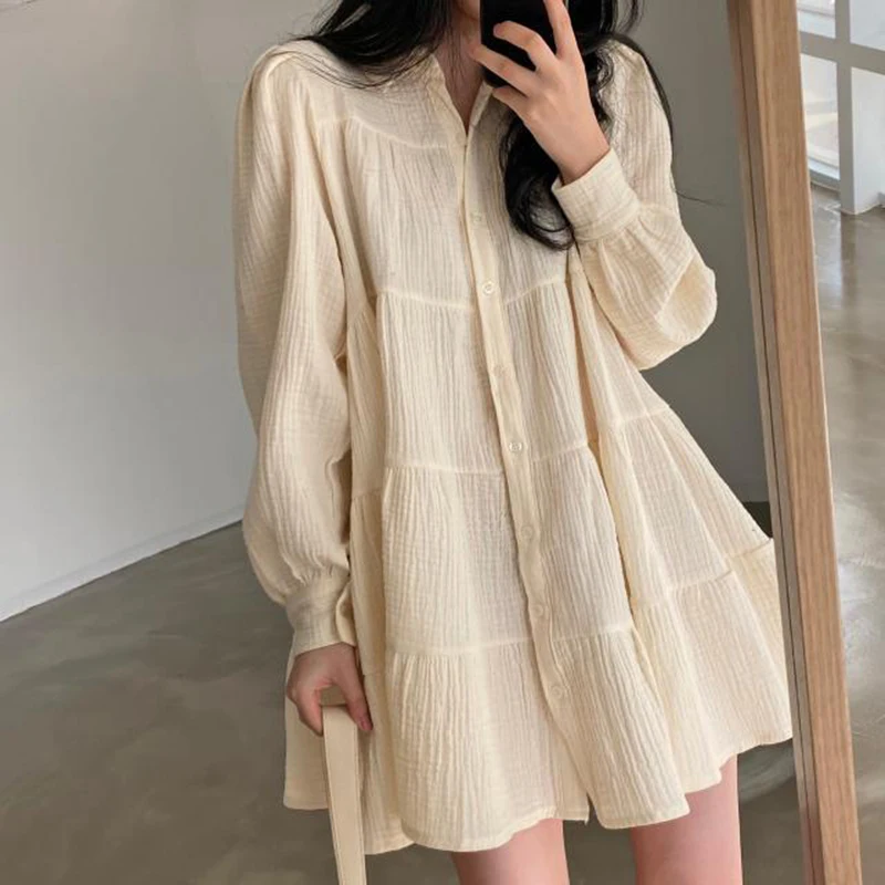 Korean Chic Long Sleeve Dress Women Loose Turn Down Collar Folds Simple Dress Fashion All Match Sweet Autumn Solid Vestidos