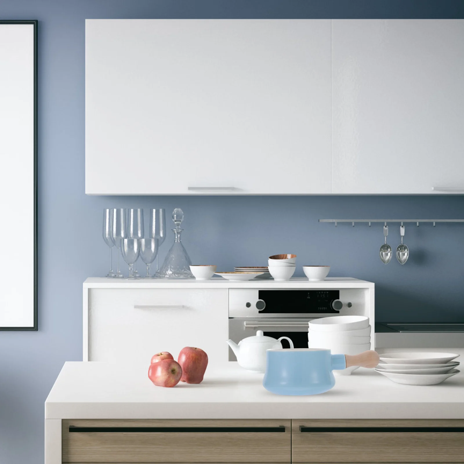 

380Ml Bamboo Handle Ceramic Soup Bowl Microwave Safe Dishwasher Safe Food Grade Bowl for Soup Rice Noodles Fruits Breakfast Blue