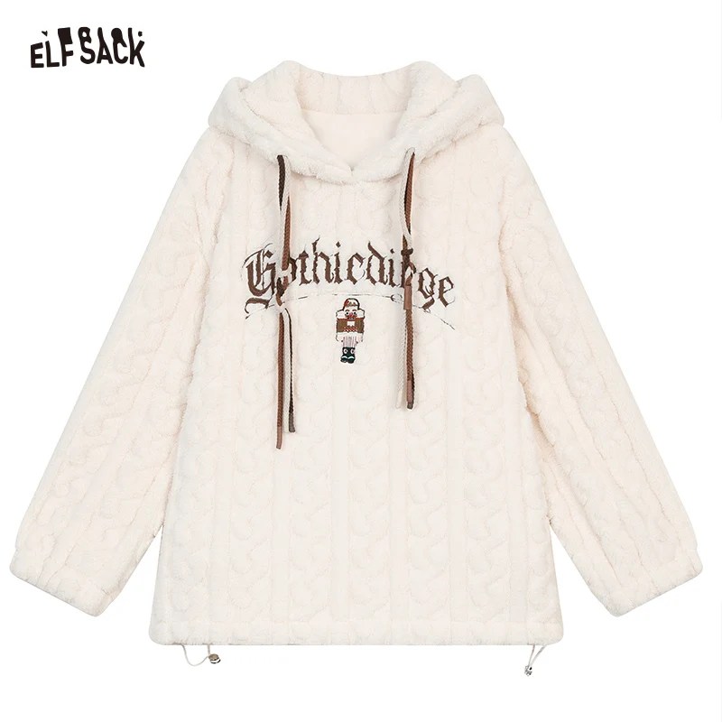 ELFSACK 2024 Winter Nieuwkomers Gebroken witte borduurwerk faux pluche hoodie voor dames dikke warme top Kerstmis