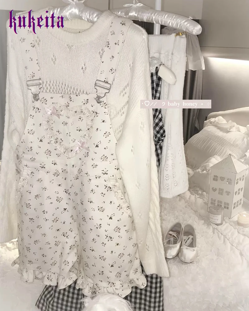 Kukeita Harajuku Sweet Floral Print Overall Shorts Women Japanese Kawaii Lolita Heart Ruffle Suspender Shorts Bow Y2k Outfit