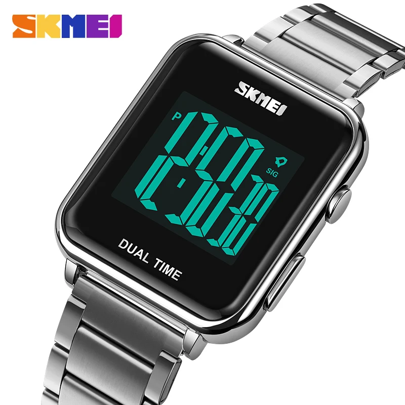 SKMEI Fashion Back Light Calendar Digital Watches Mens Waterproof Chronograph Wristwatch Stainless Steel Strap Electronic Clock