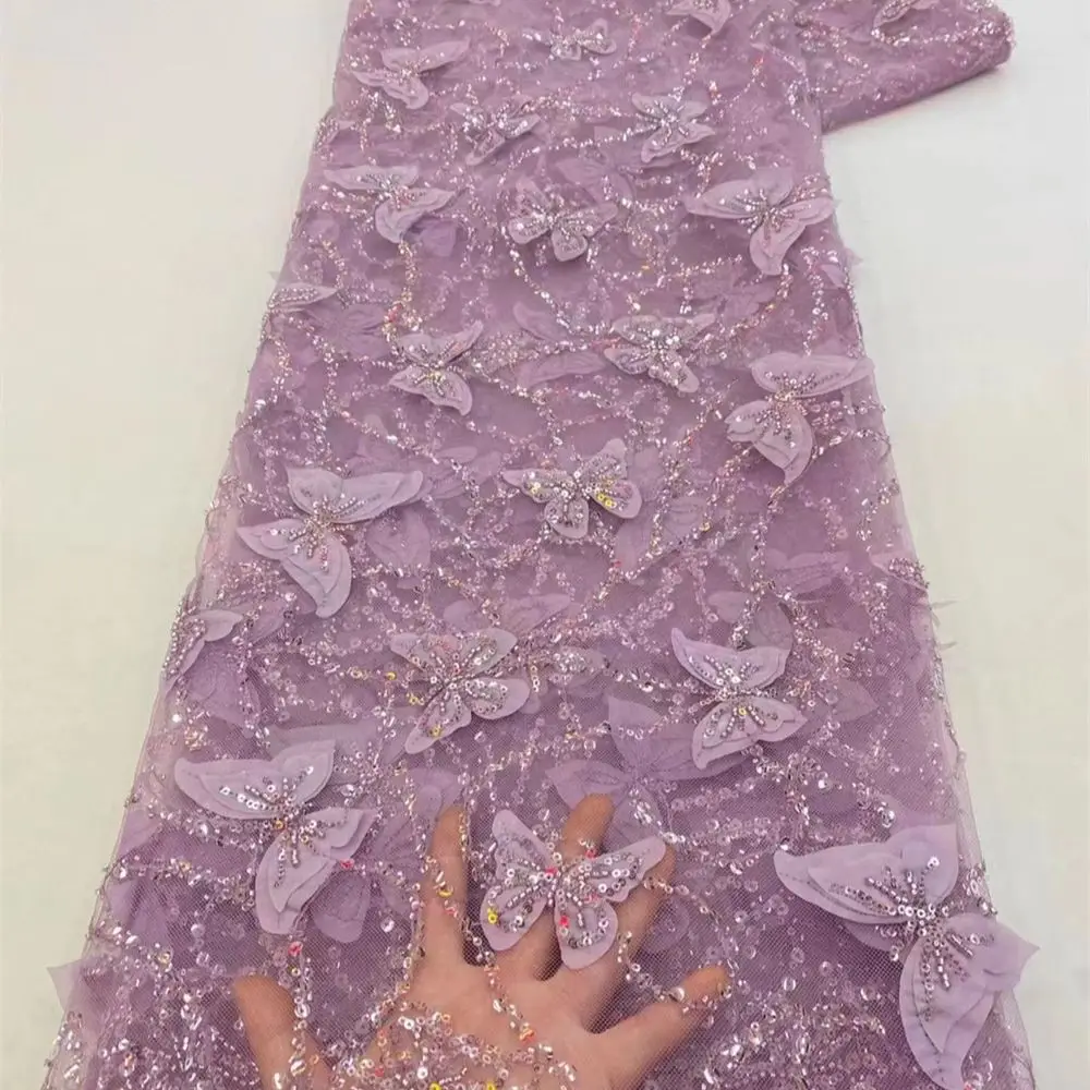 African Heavy Beaded Lace Fabric 2024 High Quality 5 Yards Nigerian Sequins Tulle 3D Fabric Material For Wedding