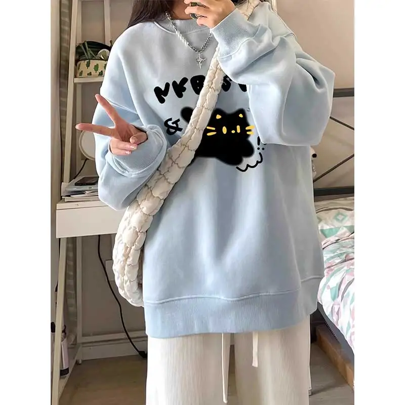 

Loose Fit Blue Hoodless Sweatshirt Women's Spring Autumn Thin Style Casual Outerwear Couple Tops Large Size Fufu Milk